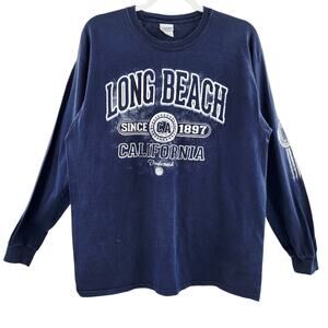 Vintage Long Beach California Blue & White Long-sleeve Graphic T-Shirt Men's L